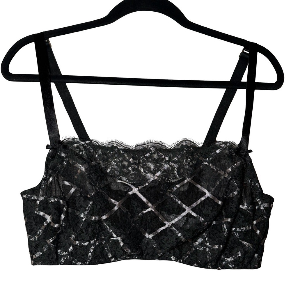 Cacique Unlined Balconette Underwire Bra Black Lace Metallic Silver Sz 40D